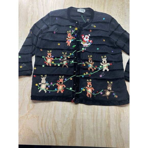 Jack B. Quick Women 2XL Ugly Christmas Holiday Cardigan Sweater Santa Reindeer - Picture 1 of 14